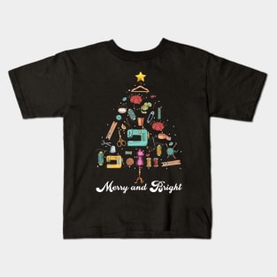 Merry and Bright Sewing Yarn Quilting Christmas Tree Kids T-Shirt